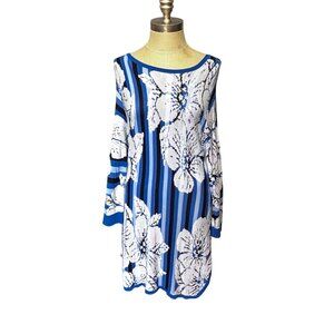 Ruby Rd. Blue, Black & White Floral Striped‎ Tunic Dress Womens Large Rayon Boho